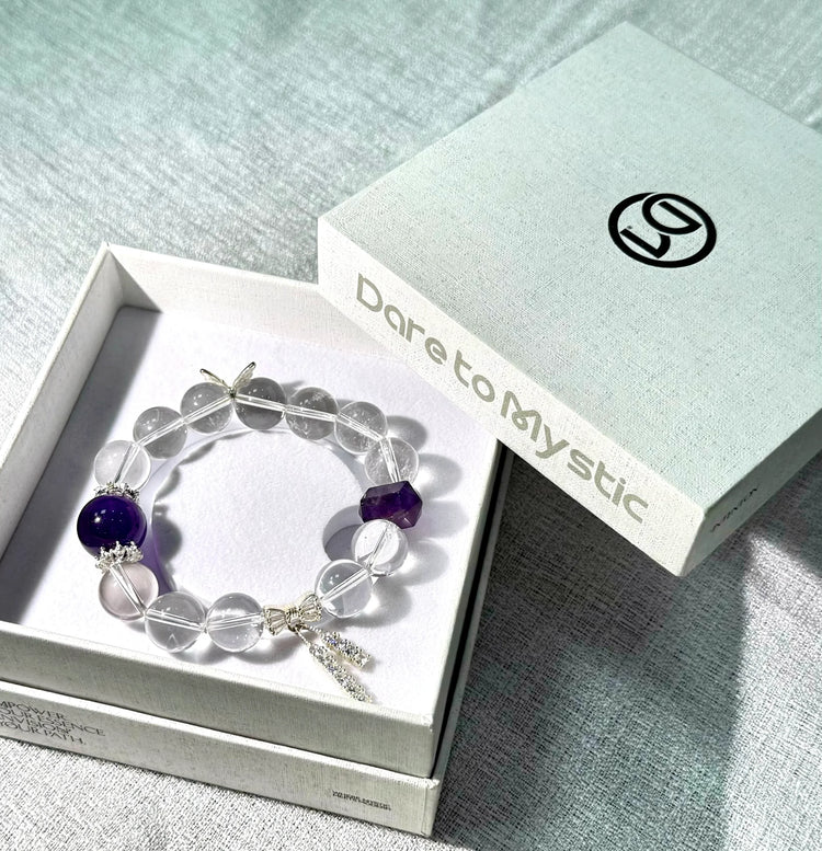 Purple Amethyst Bracelet with natural gemstones for calm, stress relief, and emotional healing – Lunar Whisper design by Dare to Mystic