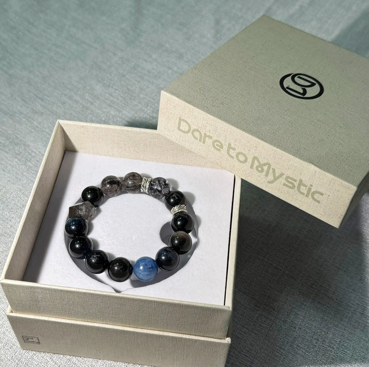 Obsidian crystal bracelet with Obsidian, Smoky Quartz, and Blue Tiger Eye beads – Midnight Guard design for strength and protection.