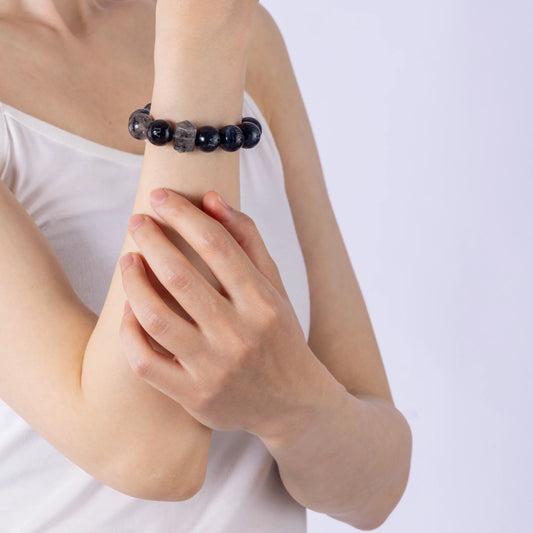 Obsidian Crystal Bracelet with Obsidian, Smoky Quartz and Blue Tiger Eye beads – Midnight Guard design for strength and protection.