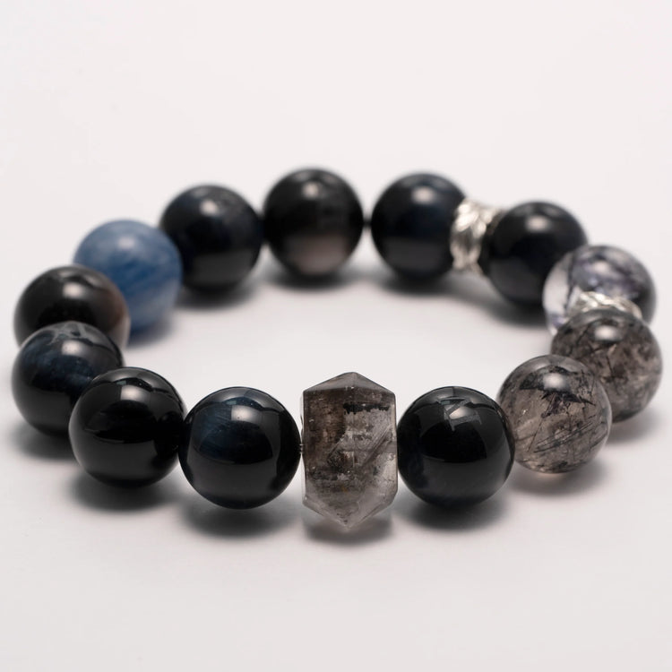 Obsidian crystal bracelet with Obsidian, Smoky Quartz, and Blue Tiger Eye beads – Midnight Guard design for strength and protection.
