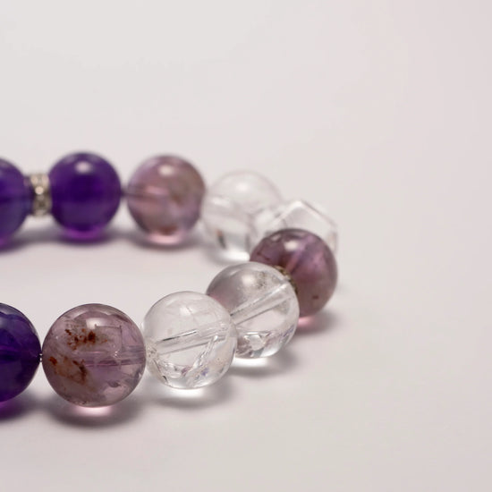 Amethyst crystal bracelet with Amethyst Quartz and Clear Quartz beads – designed for clarity, intuition, and spiritual awareness.