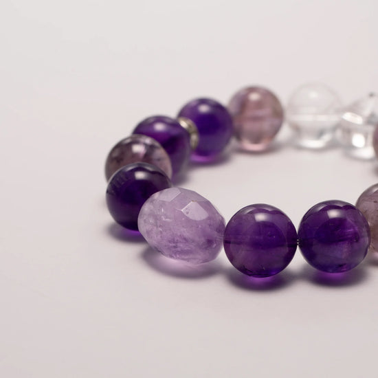 Amethyst crystal bracelet with Amethyst Quartz and Clear Quartz beads – designed for clarity, intuition, and spiritual awareness.
